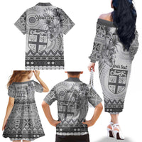 Vintage Bula Fiji Personalised Family Matching Off The Shoulder Long Sleeve Dress and Hawaiian Shirt Beige Hibiscus Tapa Pattern