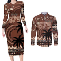 Personalised Bula Fiji 679 Couples Matching Long Sleeve Bodycon Dress and Long Sleeve Button Shirt Fijian Tagimoucia Masi Tapa Art