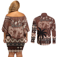 Personalised Bula Fiji 679 Couples Matching Off Shoulder Short Dress and Long Sleeve Button Shirt Fijian Tagimoucia Masi Tapa Art