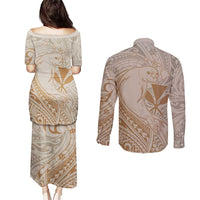 Hawaii Monk Seal and Map Couples Matching Puletasi and Long Sleeve Button Shirt Polynesian Kanaka Maoli Beige Vibe LT9 - Polynesian Pride