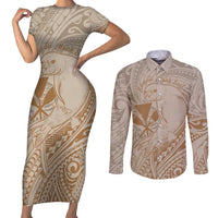 Hawaii Monk Seal and Map Couples Matching Short Sleeve Bodycon Dress and Long Sleeve Button Shirt Polynesian Kanaka Maoli Beige Vibe LT9 Beige - Polynesian Pride