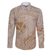 Hawaii Monk Seal and Map Family Matching Off Shoulder Short Dress and Hawaiian Shirt Polynesian Kanaka Maoli Beige Vibe LT9 Dad's Shirt - Long Sleeve Beige - Polynesian Pride