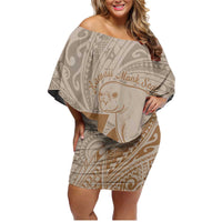 Hawaii Monk Seal and Map Family Matching Off Shoulder Short Dress and Hawaiian Shirt Polynesian Kanaka Maoli Beige Vibe LT9 Mom's Dress Beige - Polynesian Pride