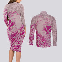 Hawaii Monk Seal and Map Couples Matching Long Sleeve Bodycon Dress and Long Sleeve Button Shirt Polynesian Kanaka Maoli Pink Vibe LT9 - Polynesian Pride