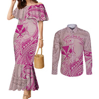 Hawaii Monk Seal and Map Couples Matching Mermaid Dress and Long Sleeve Button Shirt Polynesian Kanaka Maoli Pink Vibe LT9 Pink - Polynesian Pride
