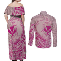 Hawaii Monk Seal and Map Couples Matching Off Shoulder Maxi Dress and Long Sleeve Button Shirt Polynesian Kanaka Maoli Pink Vibe LT9 - Polynesian Pride