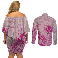 Hawaii Monk Seal and Map Couples Matching Off Shoulder Short Dress and Long Sleeve Button Shirt Polynesian Kanaka Maoli Pink Vibe LT9 - Polynesian Pride