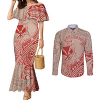 Hawaii Monk Seal and Map Couples Matching Mermaid Dress and Long Sleeve Button Shirt Polynesian Kanaka Maoli Red Vibe LT9 Red - Polynesian Pride