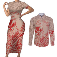Hawaii Monk Seal and Map Couples Matching Short Sleeve Bodycon Dress and Long Sleeve Button Shirt Polynesian Kanaka Maoli Red Vibe LT9 Red - Polynesian Pride