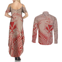 Hawaii Monk Seal and Map Couples Matching Summer Maxi Dress and Long Sleeve Button Shirt Polynesian Kanaka Maoli Red Vibe LT9 - Polynesian Pride