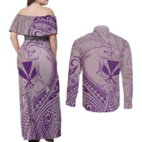 Hawaii Monk Seal and Map Couples Matching Off Shoulder Maxi Dress and Long Sleeve Button Shirt Polynesian Kanaka Maoli Violet Vibe LT9 - Polynesian Pride