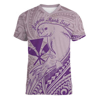 Hawaii Monk Seal and Map Women V-Neck T-Shirt Polynesian Kanaka Maoli Violet Vibe LT9 Female Violet - Polynesian Pride