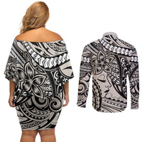 Polynesian Girl Tribal Tattoo Couples Matching Off Shoulder Short Dress and Long Sleeve Button Shirt Beige Vibe LT9 - Polynesian Pride