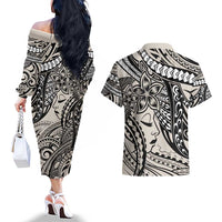 Polynesian Girl Tribal Tattoo Couples Matching Off The Shoulder Long Sleeve Dress and Hawaiian Shirt Beige Vibe