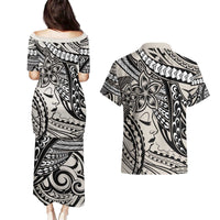 Polynesian Girl Tribal Tattoo Couples Matching Puletasi and Hawaiian Shirt Beige Vibe LT9 - Polynesian Pride