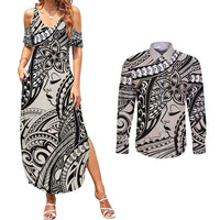 Polynesian Girl Tribal Tattoo Couples Matching Summer Maxi Dress and Long Sleeve Button Shirt Beige Vibe LT9 Beige - Polynesian Pride