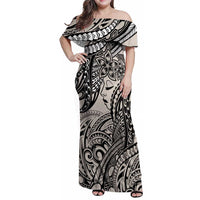 Polynesian Girl Tribal Tattoo Family Matching Off Shoulder Maxi Dress and Hawaiian Shirt Beige Vibe LT9 Mom's Dress Beige - Polynesian Pride