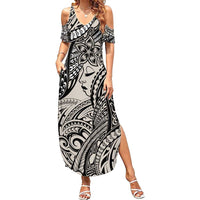 Polynesian Girl Tribal Tattoo Family Matching Summer Maxi Dress and Hawaiian Shirt Beige Vibe LT9 Mom's Dress Beige - Polynesian Pride
