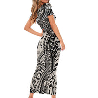 Polynesian Girl Tribal Tattoo Short Sleeve Bodycon Dress Beige Vibe