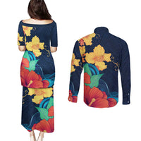 Polynesian Hibiscus Flower Waves Pattern Couples Matching Puletasi and Long Sleeve Button Shirt LT9 - Polynesian Pride