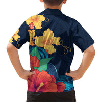Polynesian Hibiscus Flower Waves Pattern Family Matching Tank Maxi Dress and Hawaiian Shirt