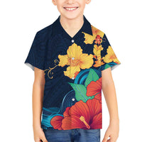 Polynesian Hibiscus Flower Waves Pattern Kid Hawaiian Shirt LT9 Kid Dark Blue - Polynesian Pride