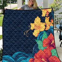 Polynesian Hibiscus Flower Waves Pattern Quilt LT9 Dark Blue - Polynesian Pride