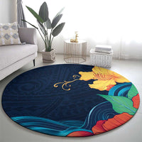 Polynesian Hibiscus Flower Waves Pattern Round Carpet