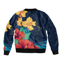 Polynesian Hibiscus Flower Waves Pattern Sleeve Zip Bomber Jacket