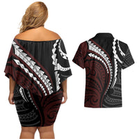 Polynesian Oxblood Line Art Tribal Tattoo Couples Matching Off Shoulder Short Dress and Hawaiian Shirt LT9 - Polynesian Pride