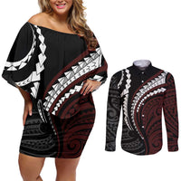 Polynesian Oxblood Line Art Tribal Tattoo Couples Matching Off Shoulder Short Dress and Long Sleeve Button Shirt LT9 Beige - Polynesian Pride