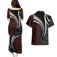 Polynesian Oxblood Line Art Tribal Tattoo Couples Matching Puletasi and Hawaiian Shirt LT9 - Polynesian Pride