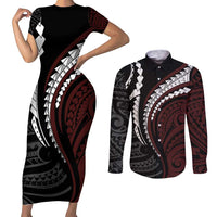 Polynesian Oxblood Line Art Tribal Tattoo Couples Matching Short Sleeve Bodycon Dress and Long Sleeve Button Shirt LT9 Beige - Polynesian Pride