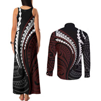 Polynesian Oxblood Line Art Tribal Tattoo Couples Matching Tank Maxi Dress and Long Sleeve Button Shirt LT9 - Polynesian Pride