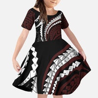 Polynesian Oxblood Line Art Tribal Tattoo Family Matching Off Shoulder Maxi Dress and Hawaiian Shirt LT9 Daughter's Dress Beige - Polynesian Pride