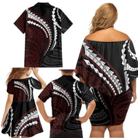 Polynesian Oxblood Line Art Tribal Tattoo Family Matching Off Shoulder Short Dress and Hawaiian Shirt LT9 - Polynesian Pride