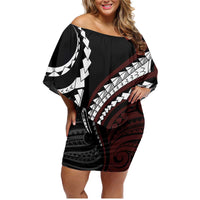 Polynesian Oxblood Line Art Tribal Tattoo Family Matching Off Shoulder Short Dress and Hawaiian Shirt LT9 Mom's Dress Beige - Polynesian Pride
