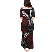 Polynesian Oxblood Line Art Tribal Tattoo Family Matching Puletasi and Hawaiian Shirt