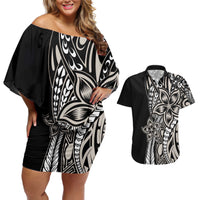 Polynesian Plumeria Floral Tattoo Pattern Couples Matching Off Shoulder Short Dress and Hawaiian Shirt Beige Style LT9 Beige - Polynesian Pride