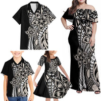 Polynesian Plumeria Floral Tattoo Pattern Family Matching Off Shoulder Maxi Dress and Hawaiian Shirt Beige Style LT9 - Polynesian Pride