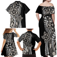 Polynesian Plumeria Floral Tattoo Pattern Family Matching Off Shoulder Maxi Dress and Hawaiian Shirt Beige Style LT9 - Polynesian Pride
