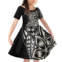 Polynesian Plumeria Floral Tattoo Pattern Family Matching Off Shoulder Short Dress and Hawaiian Shirt Beige Style LT9 Daughter's Dress Beige - Polynesian Pride