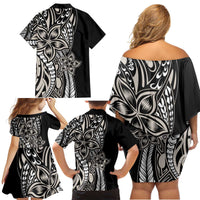 Polynesian Plumeria Floral Tattoo Pattern Family Matching Off Shoulder Short Dress and Hawaiian Shirt Beige Style LT9 - Polynesian Pride