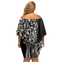 Polynesian Plumeria Floral Tattoo Pattern Family Matching Off Shoulder Short Dress and Hawaiian Shirt Beige Style LT9 - Polynesian Pride