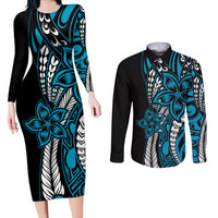 Polynesian Plumeria Floral Tattoo Pattern Couples Matching Long Sleeve Bodycon Dress and Long Sleeve Button Shirt Blue Style LT9 Blue - Polynesian Pride