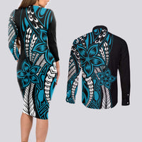 Polynesian Plumeria Floral Tattoo Pattern Couples Matching Long Sleeve Bodycon Dress and Long Sleeve Button Shirt Blue Style LT9 - Polynesian Pride