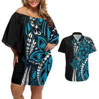 Polynesian Plumeria Floral Tattoo Pattern Couples Matching Off Shoulder Short Dress and Hawaiian Shirt Blue Style LT9 Blue - Polynesian Pride
