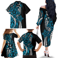 Polynesian Plumeria Floral Tattoo Pattern Family Matching Off The Shoulder Long Sleeve Dress and Hawaiian Shirt Bllue Style