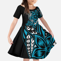 Polynesian Plumeria Floral Tattoo Pattern Family Matching Puletasi and Hawaiian Shirt Blue Style LT9 Daughter's Dress Blue - Polynesian Pride