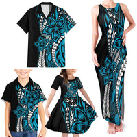 Polynesian Plumeria Floral Tattoo Pattern Family Matching Tank Maxi Dress and Hawaiian Shirt Blue Style LT9 - Polynesian Pride